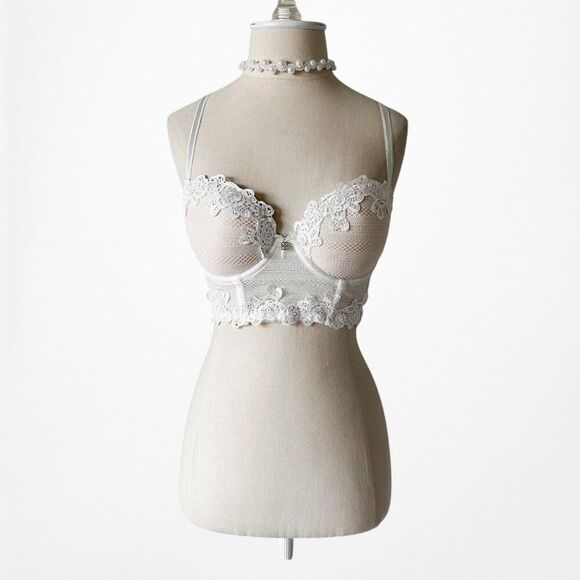 White Floral Lace Padded Corset Bustier Bralette Size 34C - Picture 5 of 8